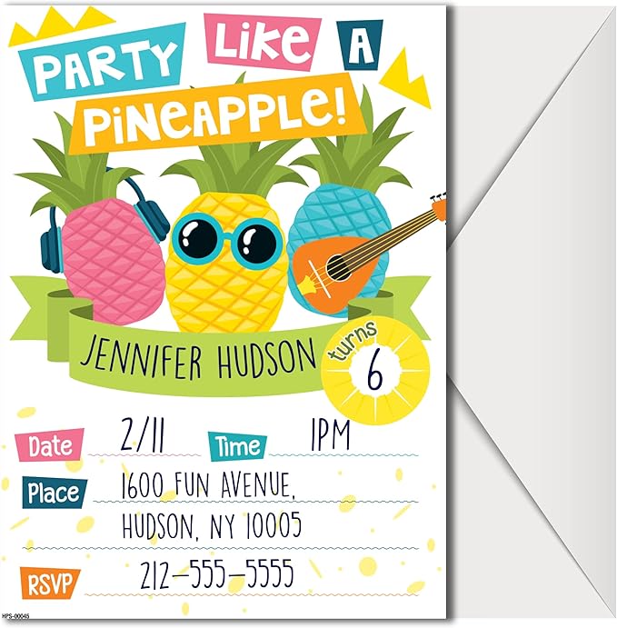Pineapple Birthday Invitations with Envelopes - (Pack of 20) - Pineapple Invitations for Girls, Boys, Children, Toddlers, and More. Pineapple Party Supplies. Fill in Style