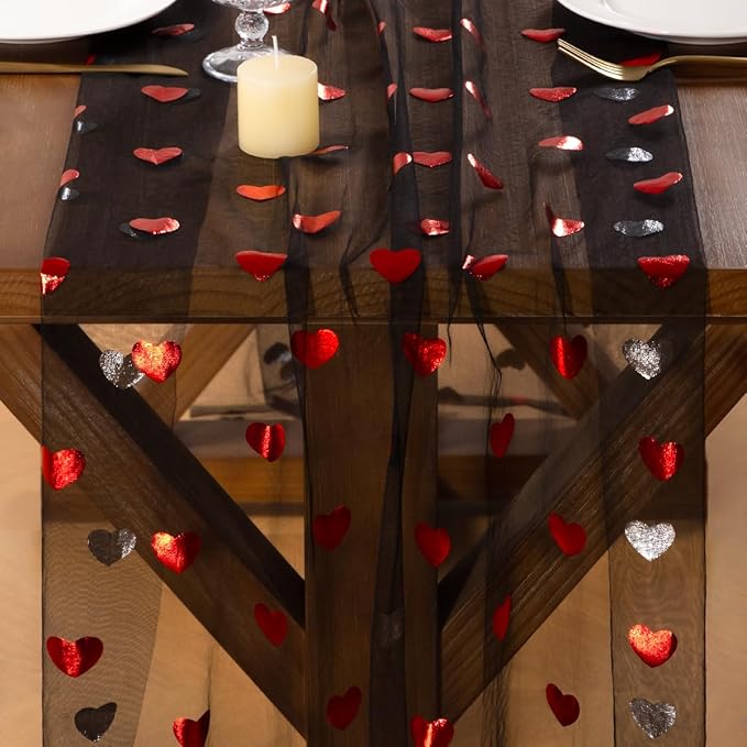 Socomi Valentine's Day Red Heart Table Runner Gauze Sheer Romantic Sequin 10FT Glitter Metallic Foil Dining Wedding Birthday Party Baby Shower Holiday Centerpiece Table Decor 3pcs Black