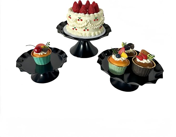 3 Pcs Metal Cake Stand Set, Scalloped Edge Cupcake Tray Dessert Display Platter, Decorative Serving Stand for Wedding, Birthday, Tea Party,Baby Show (Black)