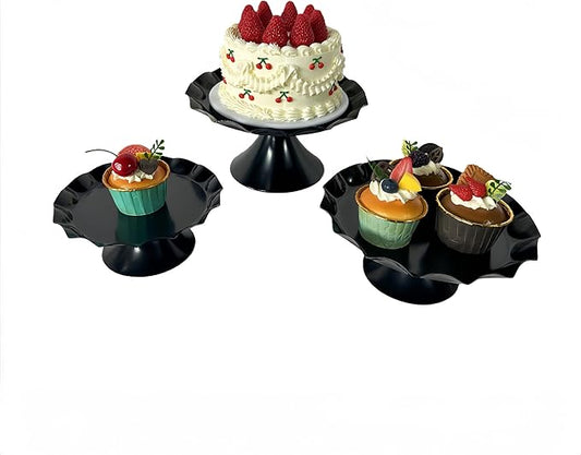 3 Pcs Metal Cake Stand Set, Scalloped Edge Cupcake Tray Dessert Display Platter, Decorative Serving Stand for Wedding, Birthday, Tea Party,Baby Show (Black)
