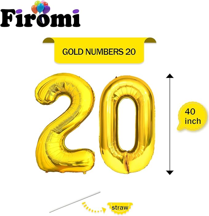 FIROMI 20 Number Balloons Gold Big Giant Jumbo Huge Foil Mylar 20 Balloon Numbers for 20th Birthday Party Anniversary Events Decorations 40-inches