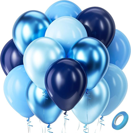 Bezente Blue Balloons Set,60pcs 12 inch Metallic Blue Pearl Blue Navy Blue Pastel Blue Latex Balloons Kit for Birthday,Baby Shower,Wedding,Graduation Party Decorations
