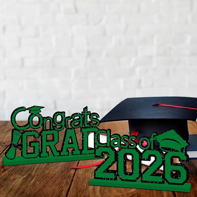 4Pcs Green Graduation Decorations Class of 2026 Congrats Grad Wooden Graduation Table Decorations for 2026 Graduation Party Decorations