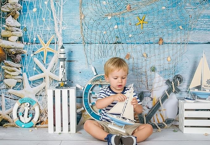 Kate 7x5ft Nautical Vintage Coastal Ocean Theme Backdrops for Photography with Starfish Anchor Sailboat Blue Wooden Wall Photo Background for Birthday Party Baby Shower Photo Booth Studio Props