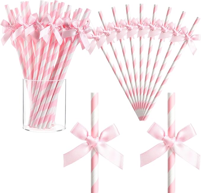 Potchen 150 Pcs Valentine's Day Bow Paper Straws Bulk Pink and White Disposable Striped Straws for Drinking, Valentines Theme Party Supplies for Birthday Wedding Cake Bachelorette Baby Shower Decor