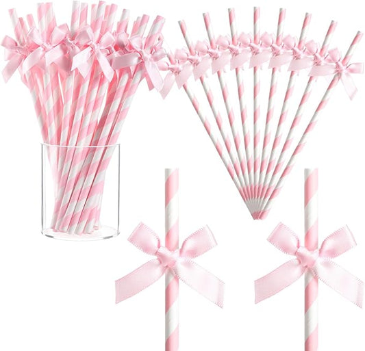 Potchen 150 Pcs Valentine's Day Bow Paper Straws Bulk Pink and White Disposable Striped Straws for Drinking, Valentines Theme Party Supplies for Birthday Wedding Cake Bachelorette Baby Shower Decor