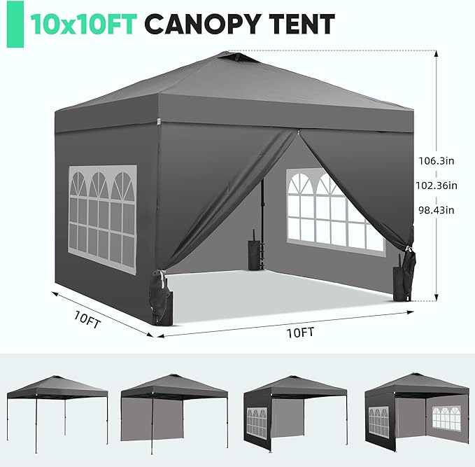 GDY 10x10 Pop Up Canopy Tent with 4 Sidewalls, Easy Set up with One Push Lift Outdoor Silver Coated Beach Gazebos, Carpas with 4 Sandbags, for Events, Parties,Camping, Gray.