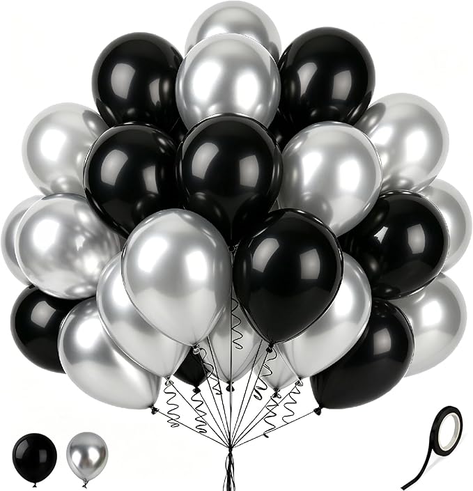 Black and Silver Balloons, 60 Pcs 12 Inch Latex Balloons with 1 Ribbon, for Birthday Wedding Bridal Shower Party Decorations