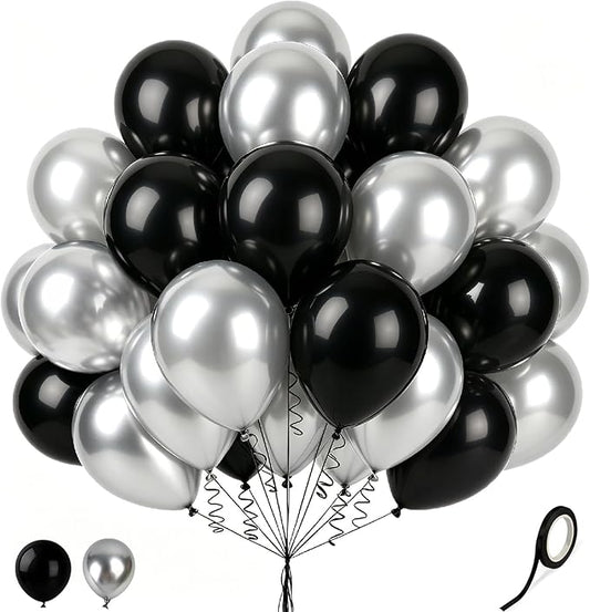 Black and Silver Balloons, 60 Pcs 12 Inch Latex Balloons with 1 Ribbon, for Birthday Wedding Bridal Shower Party Decorations