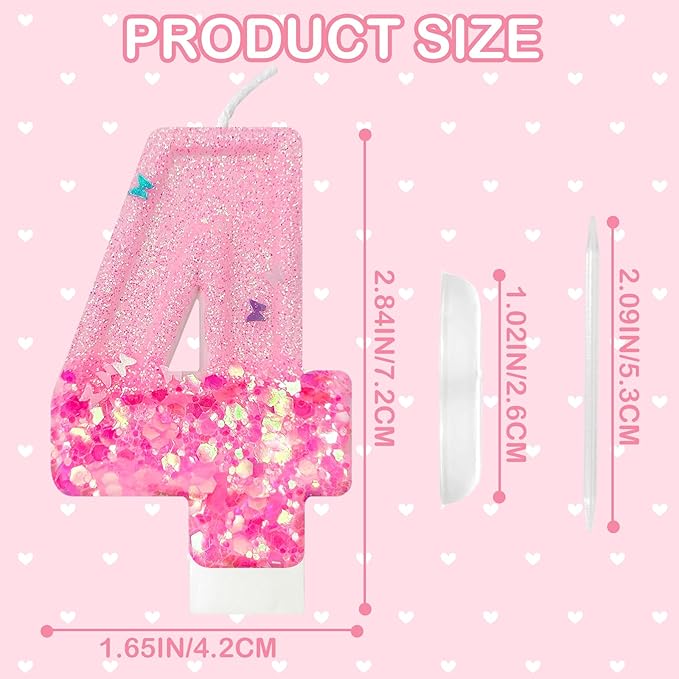 Pink Sequin Birthday Candles, Cake Number Candles, Girls 0th Birthday Decorations, Suitable for Birthday Parties, Anniversary Party Decorations(4)