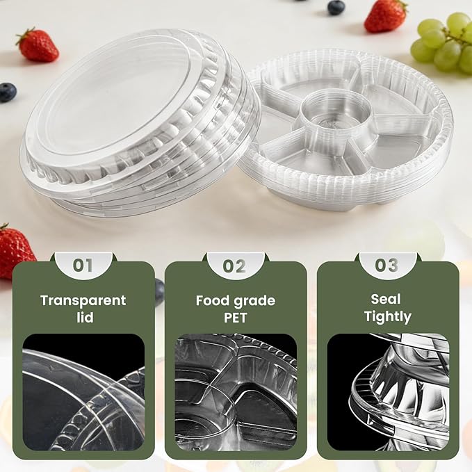 30 Pack Plastic Veggie Tray for Serving for Party, 10.4inch 6 Divided Compartment Disposable Party Platters for Vegetable Fruit Snack Nut, Fruit Trays with Lid for Buffet Catering