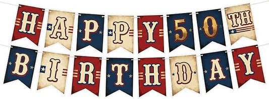 Vintage 50th Birthday Banner for Men & Women (Born in 1976) - Happy 50th Birthday Bunting Flags - Classic Americana Red White Blue Baseball Theme Party Decorations - 2026 Milestone Celebration Sign - Sturdy Cardstock