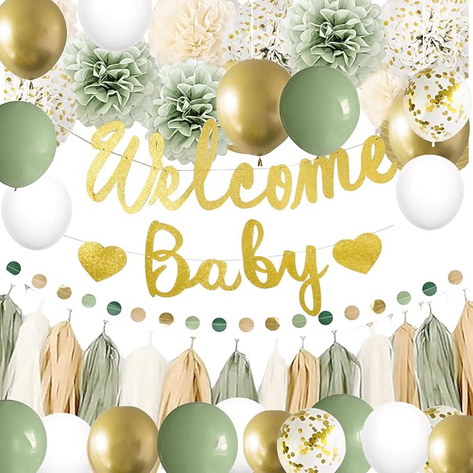 Baby Shower Decorations Neutral Sage Green and Gold Party- Welcome Baby Banner,Balloons,Tissue Pom Poms,Circle Dot & Tassel Garland- Baby Gender Reveal Birthday Woodland Themes Décor