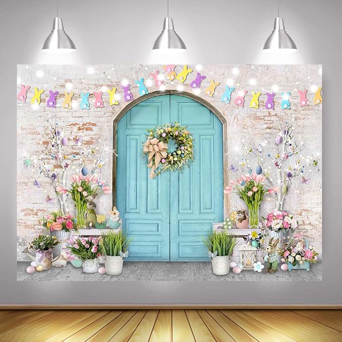 Mocsicka Easter Backdrop Blue Wooden Door with Brick Wall Bunny Rabbit Spring Photography Background Easter Day Party Decorations Photo Studio Props