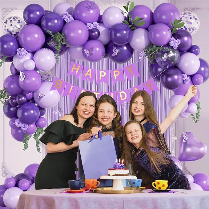 Purple Birthday Decorations for Women with Metallic Dark Pastel Purple Confetti Foil Balloons Fringe Curtain Banner for Women Birthday Decorations