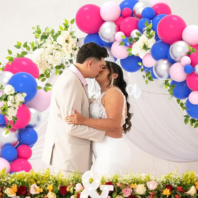 Hot Pink Blue Balloon Garland Arch Kit, 122PCS Pink Silver Royal Blue Balloons for Wedding Engagement Birthday Anniversary Baby Shower Girl or Boy Baby Gender Reveal Party Decorations