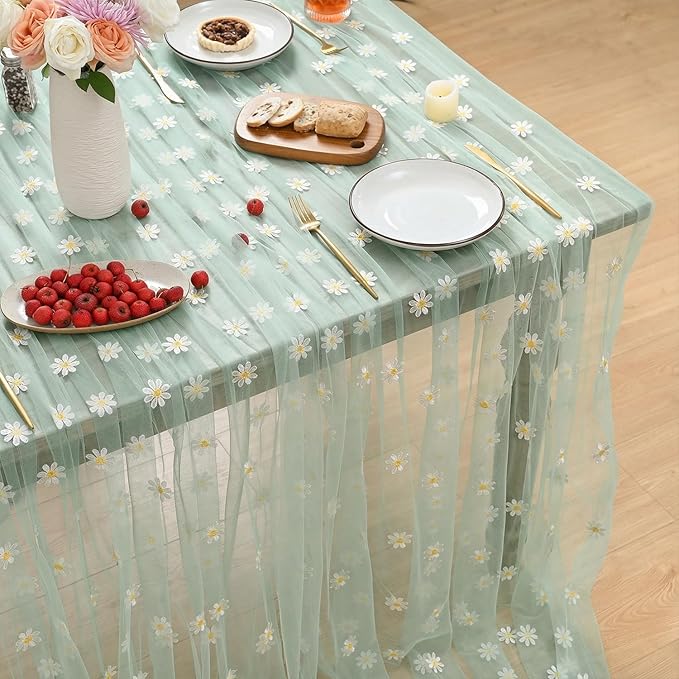 Horaldaily Green Embroidery Daisy Spring Summer Gauze Tablecloth 60×120 Inch Rectangular, Seasonal Tulle Table Cover, Garden Party Decorations for Wedding, Party, Holiday Dining