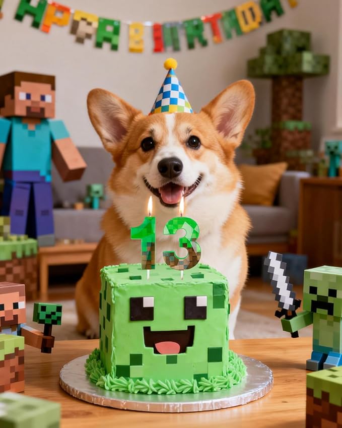 Pixel Birthday Candle, 2.68 Inch Miner Number Candles, Game Themed Candle Birthday Decoration for Pixel Theme Birthday Anniversary Dynamite Video Game Party (Green, 13)