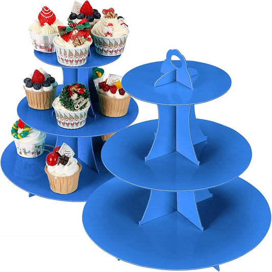 YLDW Cupcake Stand, 3-Tier Cupcake Stand Display, Cardboard Cup Cake Tower Stand, Disposable Dessert Stand for Birthday Tea Party Baby Shower Treat Decorations, Blue