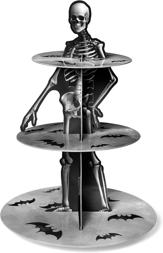 Haooryx Halloween Skeleton Cupcake Stand - 3 Tier Scary Bone Cupcake Tower Cardboard Gothic Style Black Dessert Holder Pastry Platter for Halloween Theme Party Table Decoration Birthday Party Supplies