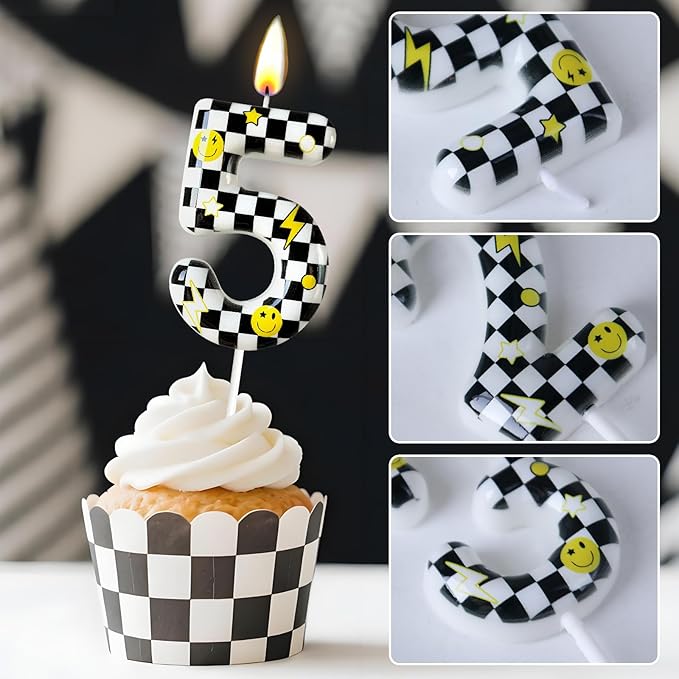 Number 5 Birthday Candle for Cake – Black White Checkered Smiley Design with Lightning & Star – Five Happy Dudes Theme Cake Topper for Birthday Party Decorations
