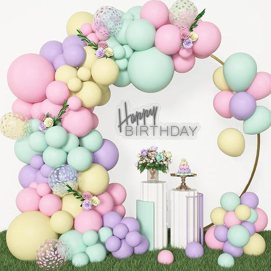 Archloon 156pcs Pastel Balloons Garland Arch Kit, Different Sizes 18 12 10 5inch Pastel Pink Yellow Green Purple Confetti Balloons for Spring Baby Shower Wedding Wildflower Birthday Party Decorations