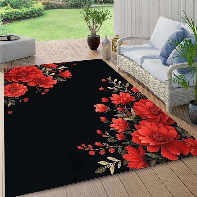 Botanical Floral Pattern 3x8 Outdoor Rug for Patio Deck Camping Balcony Porch Garden Backyard Flower Print Large Carpet Black Red Soft Waterproof Non Slip Outside Mat