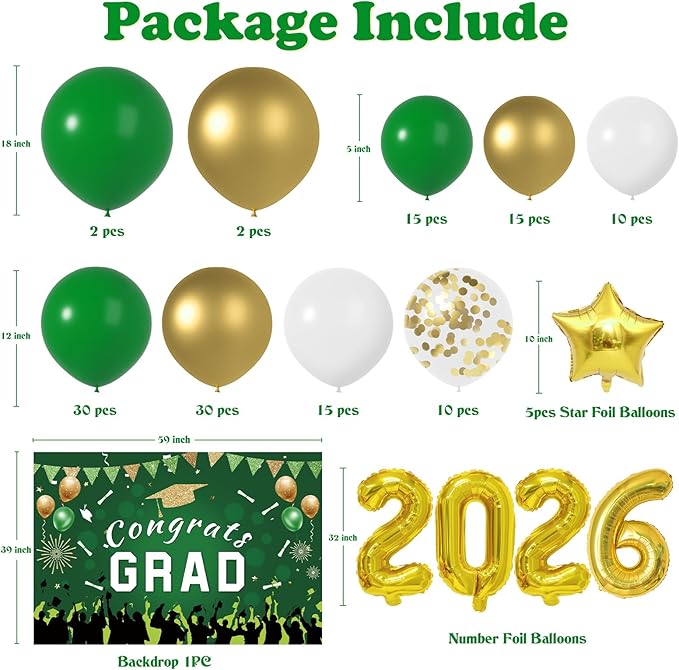 Graduation Decorations Class Of 2026: Green and Gold 2026 Graduation Decorations Balloon Arch Kit Congrats Grad Backdrop 136PCS Party Supplies for High School & College Celebrations