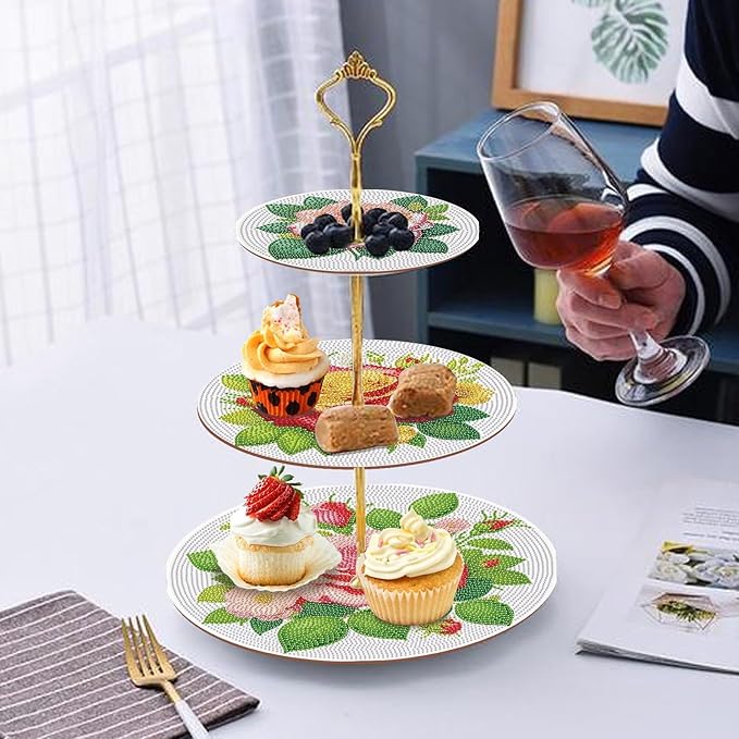 DoxQcs 3 Tier Wooden Diamond Art Painting Cake Cupcake Display Stand Round Cupcake Stand Dessert Tower Pastry Tray Platter for Tea Party Wedding Birthday-Rose