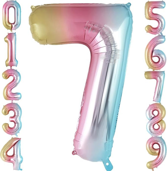 Rainbow Gradient Number 7 Balloon, 40 Inch Big Large Foil Number Balloons, Giant Mylar Number 7 Balloons for 7 Year Old Birthday Party Decorations Supplies Anniversary Celebration