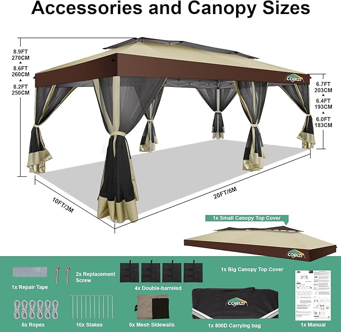 COBIZI 10x20 Pop up Gazebo, One-Push Setup Canopy Tent with Mosquito Netting & Vented Roof Design, Upgrade Metal Easy up Canopy Carpa Outdoor Gazebos for Backyard Camping Deck Party(Khaki & Brown)