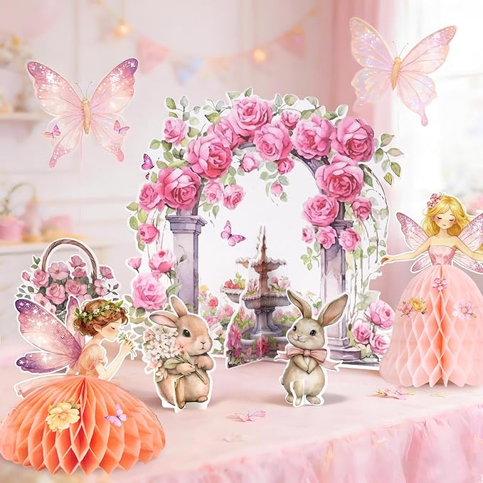 SUNBEAUTY Fairy Birthday Party Decorations Fairy First Centerpieces for Tables 3D Fairies Honeycomb Centerpieces with Rabbits Enchanted Party Table Topper for Spring Garden Woodland Forest Birthday