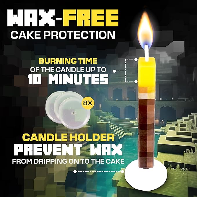 Pixel Torch Birthday Candles (8 Pack) - Large 3-Inch Wax Cake Toppers for Video Game Party Decorations - Novelty Gaming Themed Candle Set for Boys Level Up Celebration