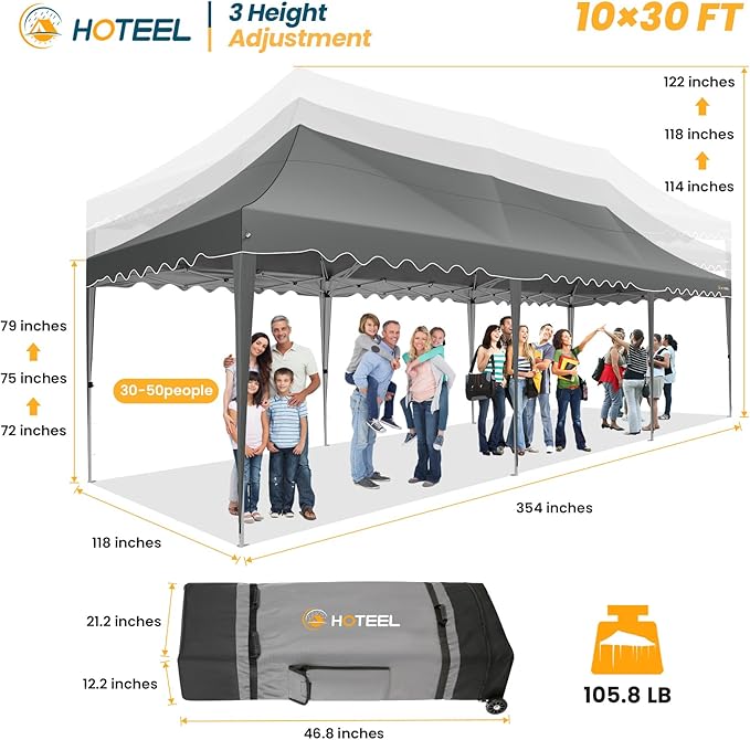HOTEEL 10x30 Pop Up Canopy with 8 Sidewalls, UV 50+ and Waterproof 10×30 Party Tent, Thickened Frame, Large Space Easy Pop Up Canopy, Outdoor Canopy for Weddings, Beaches, Parties, Patio (Grey)