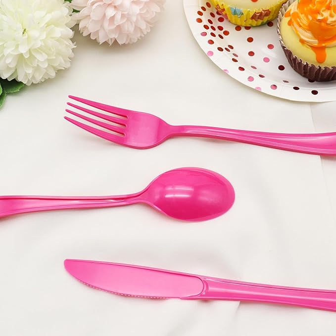 150 Pcs Hot Pink Plastic Silverware Hot Pink Plastic Utensils Heavy Duty - 50 Forks, 50 Knives, 50 Spoons for Valentine's Day,Birthday Bachelorette Wedding Bridal Shower