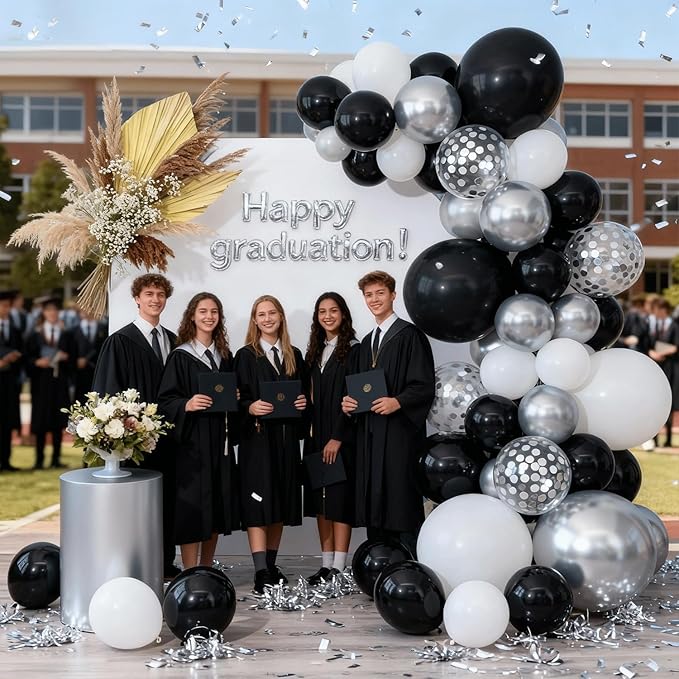 Zesliwy Black Silver Balloons Set,50pcs 12inch Metallic Silver Black White Pearl Silver Balloon with Confetti Latex Balloons for Birthday Wedding Graduation Anniversary Party Decorations