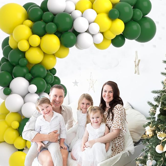 Retro Green Yellow White Balloon Garland Arch Kit, 122pcs Dark Green Yellow White Balloons for Birthday Wedding Graduation Baby Shower Anniversart Forest Jungle Tractor Soccer Party Decorations