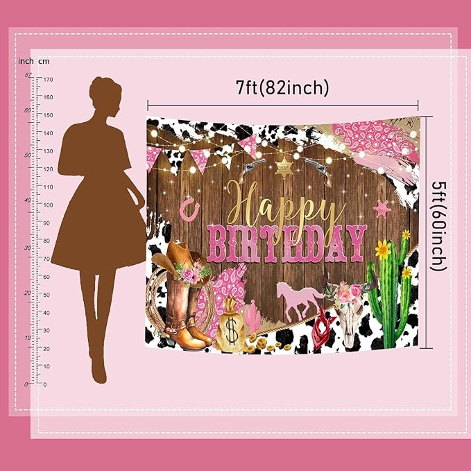 Mocsicka Western Backdrop - Cowgirl Happy Birthday Backdrop, Western Birthday Party Decorations, Pink for Grils Birthday Party Photography Background Supplies (Pink, 7x5ft (82x60 inch))