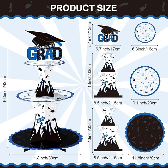 Nuenen 2 Pcs Graduation Cupcake Stand 3 Tier Black Graduation Cupcake Holder Class of 2026 Congrats Grad Cake Holder Dessert Tower for Grad Party Decorations Supplies Favors(Blue)