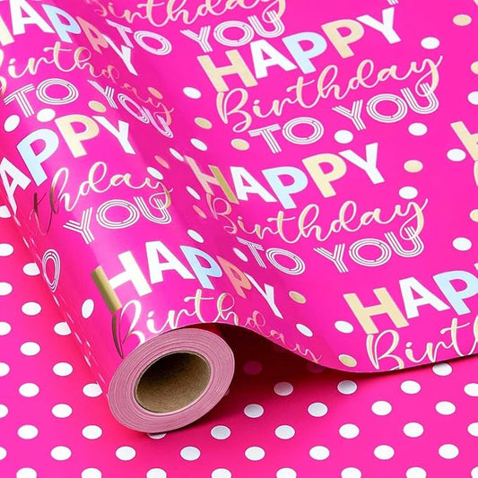 MAYPLUSS Reversible Birthday Wrapping Paper Roll 17In x 16.5FT Rose Red Happy Birthday Letter Glitter Metallic Foil (23.4 sqft) for Boys Girls Kids Women Holiday Party Baby Shower
