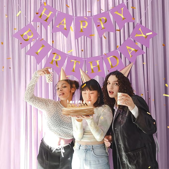 Happy Birthday Banner Birthday Party Banner NO DIY Happy Birthday Sign Pre-Strung Birthday Hanging Decoration for Women Men Girl Boy Party Supplies (Purple and Gold)
