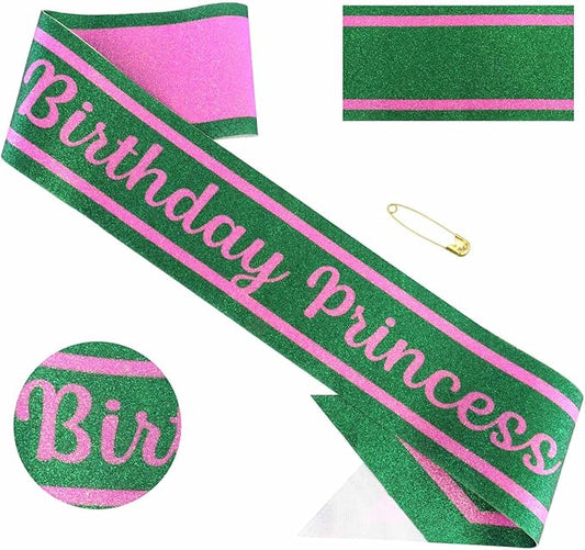 Pink Green Birthday Sash for Girls, Letter "Birthday Princess" Witch Themed Sash with Glitter Foil, Happy Funny Accessories for Party Favors Supplies