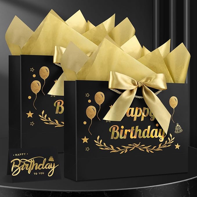 JMANNI Black Gold Happy Birthday Gift Bag with Card and Tissue Paper, 12.6"×9.84"×3.9" Elegant Present Bag for Men Women, Year Old Birthday Keepsake Party Supplies