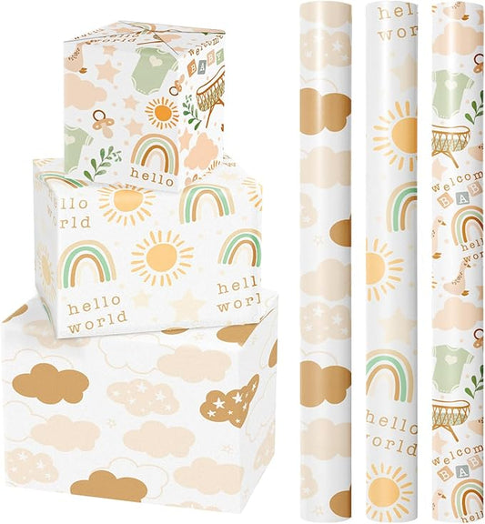 LeZakaa Baby Shower Wrapping Paper Roll, Baby Suit Rainbow Sun Sweet Clouds in Khaki, for Baby Boys Girls, 1st Birthday, Newborn Party, Mini Roll with Cut Lines, 17 x 120 inches, 3 Rolls
