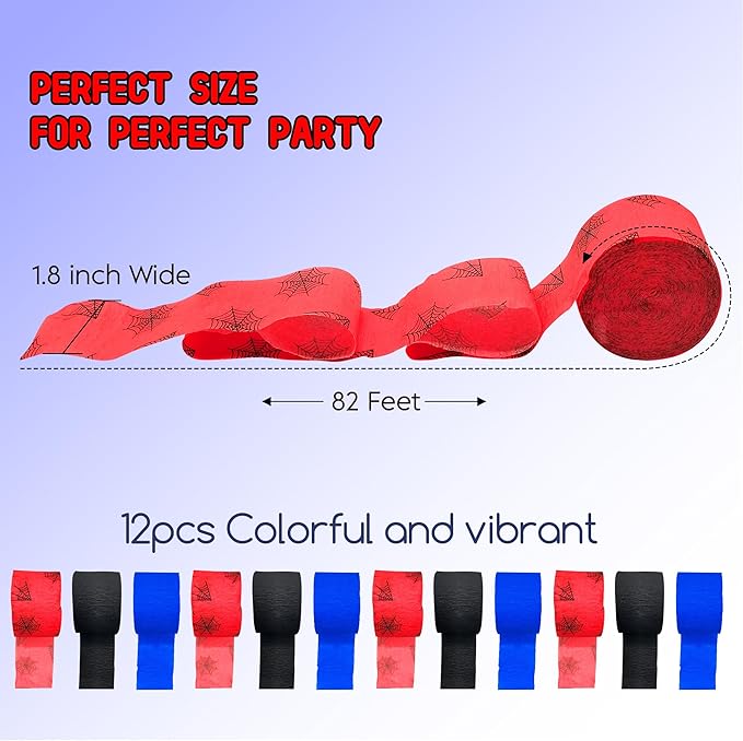 Spider Crepe Paper Streamers 12 Rolls 984ft Crepe Paper Streamers for Spider Theme Birthday Baby Shower Graduation Party DIY Backdrop Decorations, 1.8 Inch x 82 Ft/Roll (Black Blue Red, 12 Rolls)