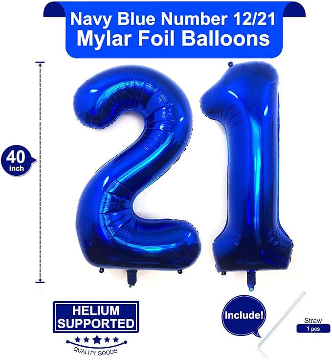 40 Inch Navy Blue 21 Number Balloons Giant Jumbo Huge 12 or 21 Foil Mylar Helium Number Digital Balloons Dark Blue Birthday Mylar Digital Balloons 12th 21st Birthday Anniversary Events Party