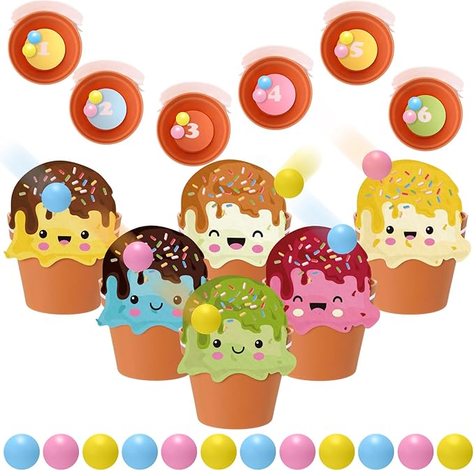 Ice Cream Toss Ball Game with 6 Plastic Flower Pots 12 Ice Cream Decor 12 Balls Toss Play Set Icecream Games Indoor Outdoor Games Family Summer Activities Carnival Prizes