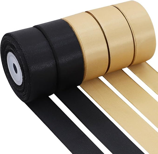 TONIFUL 1 Inch 5 Rolls Black Gold Ribbon, Graduation Satin Ribbon for Gifts Wrapping, Flower Bouquets, Bows Making, Crafts, Birthday, Graduation Leis, Christmas Party Decorations(25 Yards/Roll