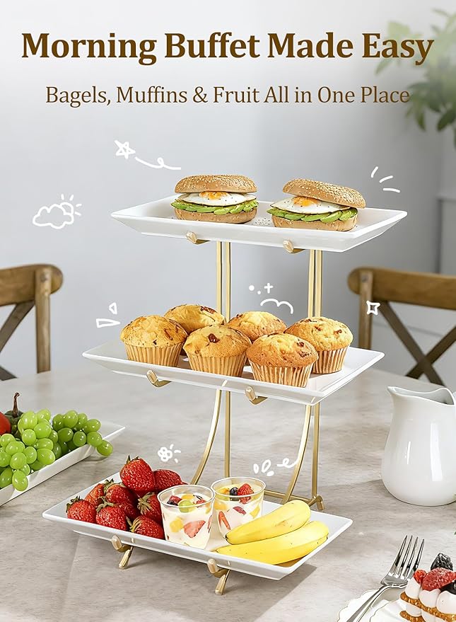 3 Tier Serving Tray Set – 12 Inch Porcelain Serving Platters with Pre-Assembled Gold Metal Stand, No Installation Required, Tiered Tray for Dessert Fruit Food Display and Party Entertaining