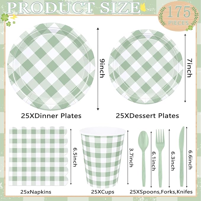 175 Pcs Sage Gingham Party Supplies for 25 Guests, Sage and White Checkered Paper Plates, Cups and Napkins Sets for Baby & Bridal Shower, Wedding, Birthday Party, Outdoor Picnic